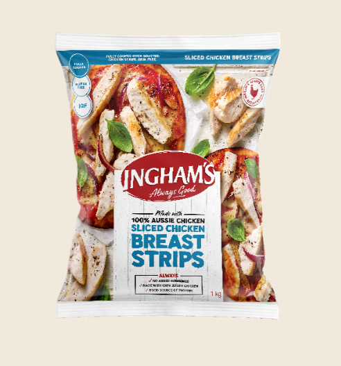 CHICKEN BREAST STRIPS SKIN FREE ROASTED INGHAM 1KG (6) Carton