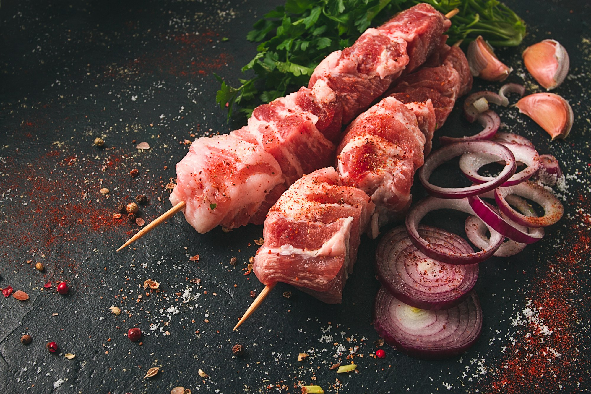 Raw pork meat , pickled kebab, with spices, top view, no people,